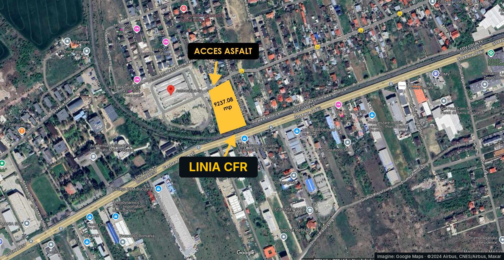 The site on the area map: Bucharest Ring Road, the CFR rail line and access from Intrarea Veronica. Google Maps image, annotated.